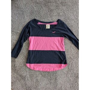 Hollister‎ Striped Long Sleeve Shirt Women's Size Medium Navy Pink Logo